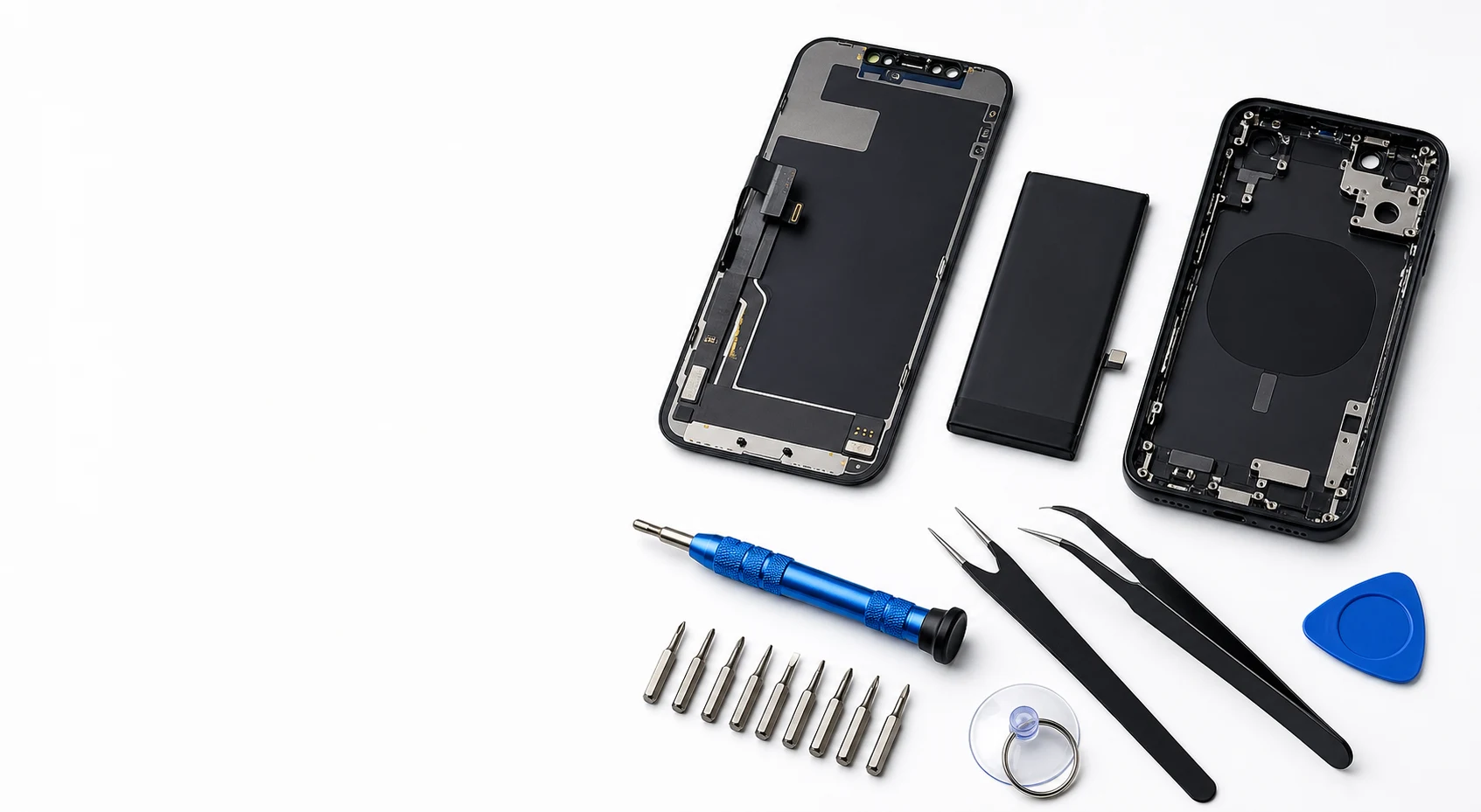 Mobile phone repair screens, battery, frame, screwdriver, tweezers, opening pick, and bit set